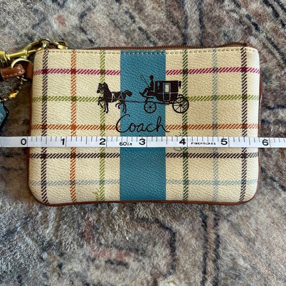 COACH 1941 Leather Trim Tattersall Wristlet Bag Cream & Blue Plaid Purse EUC - Picture 4 of 9